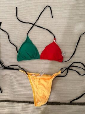 Tri-Color Triangle Bikini Set — Green, Red & Yellow